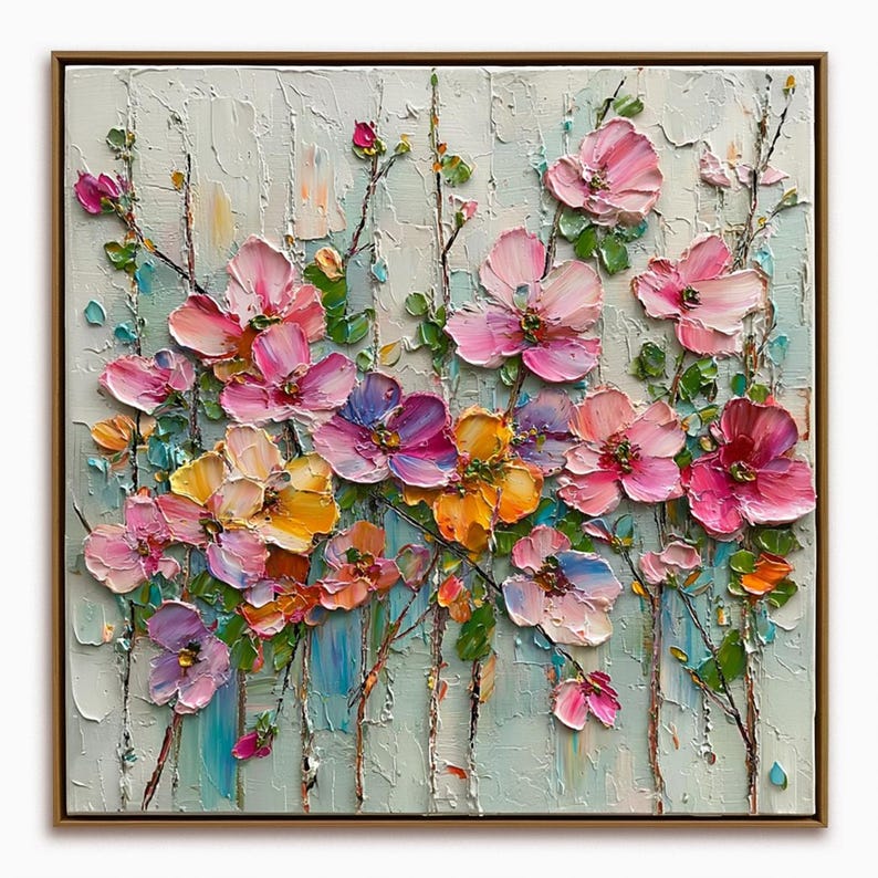 Textured Impasto Flower Oil Painting - Colorful 3D Floral Wall Art for ...