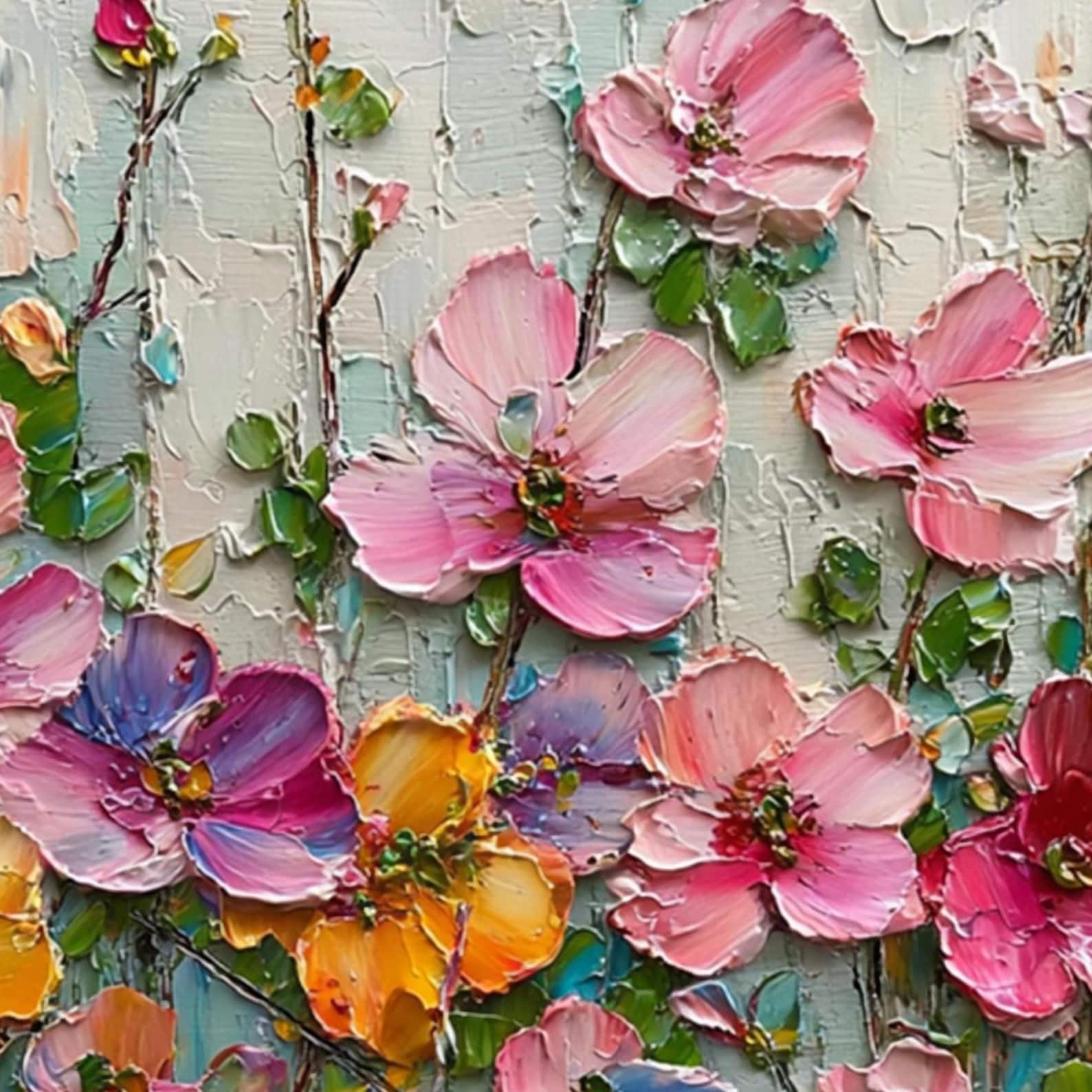 Textured Impasto Flower Oil Painting - Colorful 3D Floral Wall Art for ...