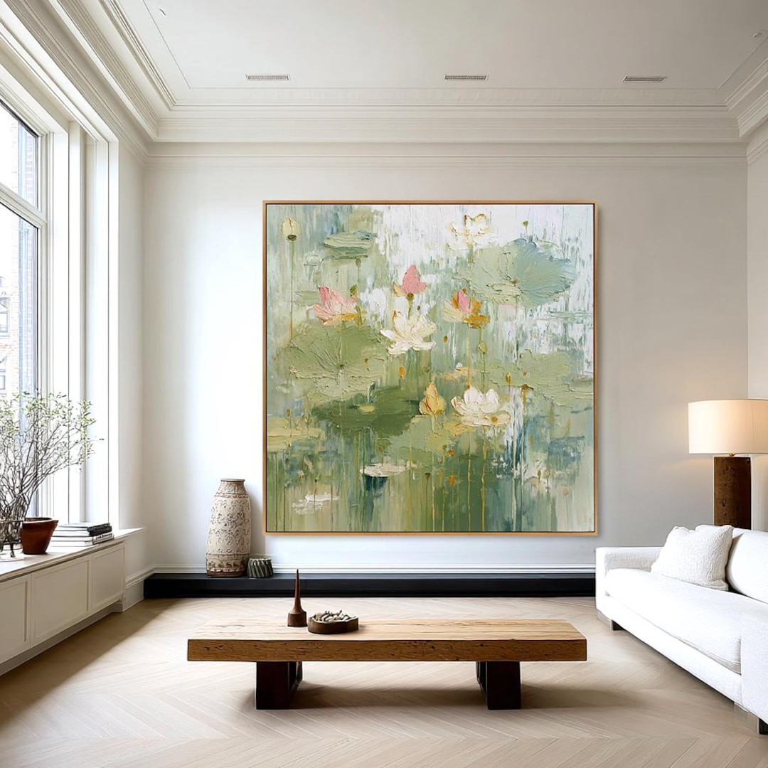 Water Lily Oil Painting | Textured Lotus Art | Soft Green and Pink ...