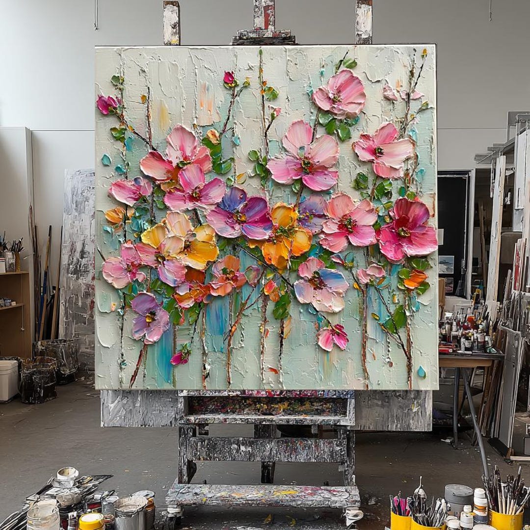 Textured Impasto Flower Oil Painting - Colorful 3D Floral Wall Art for ...
