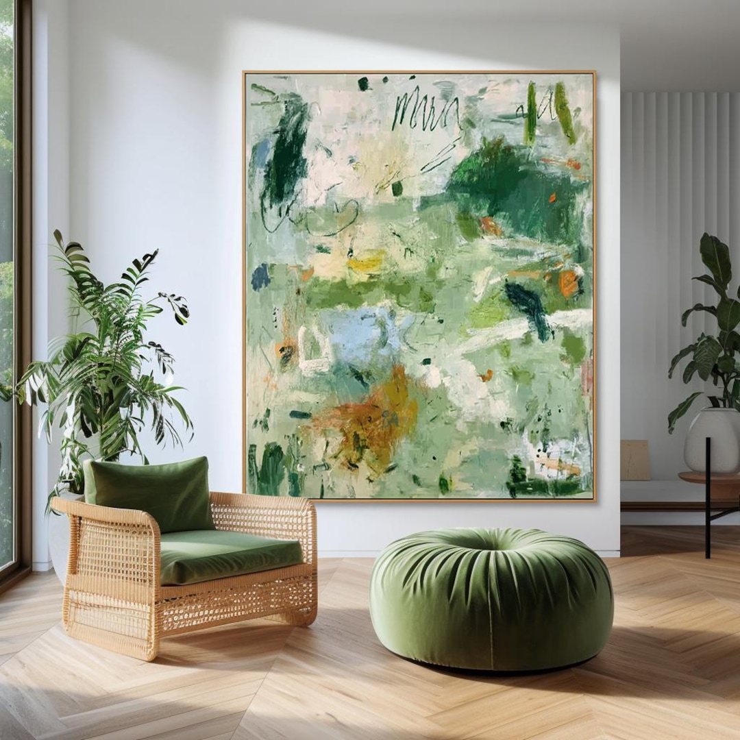 Modern Sage Green Abstract Oil Painting, Textured Neutral Living Room ...