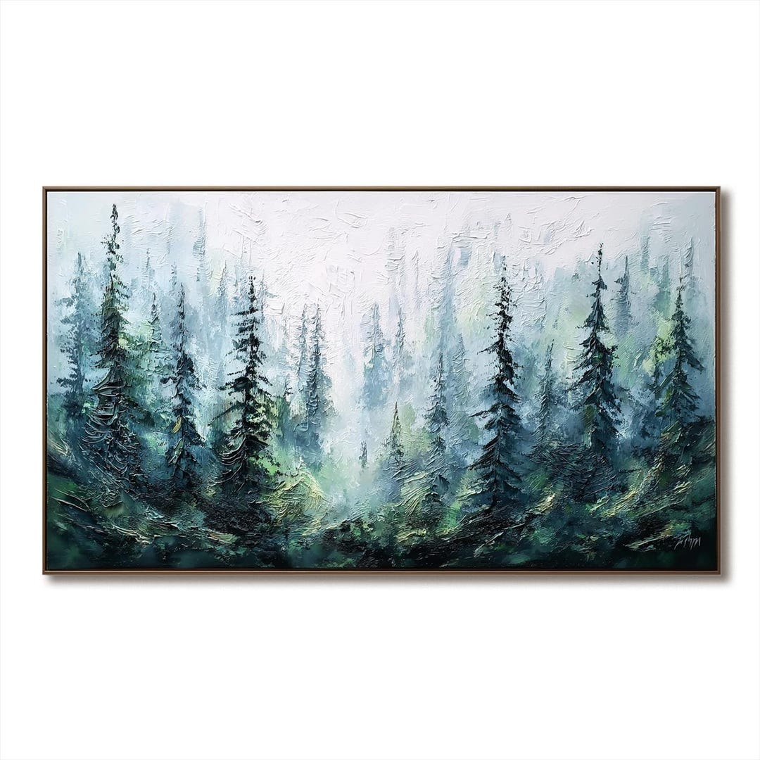 Misty Forest Landscape Oil Painting - Pine Trees Green Textured Wall ...