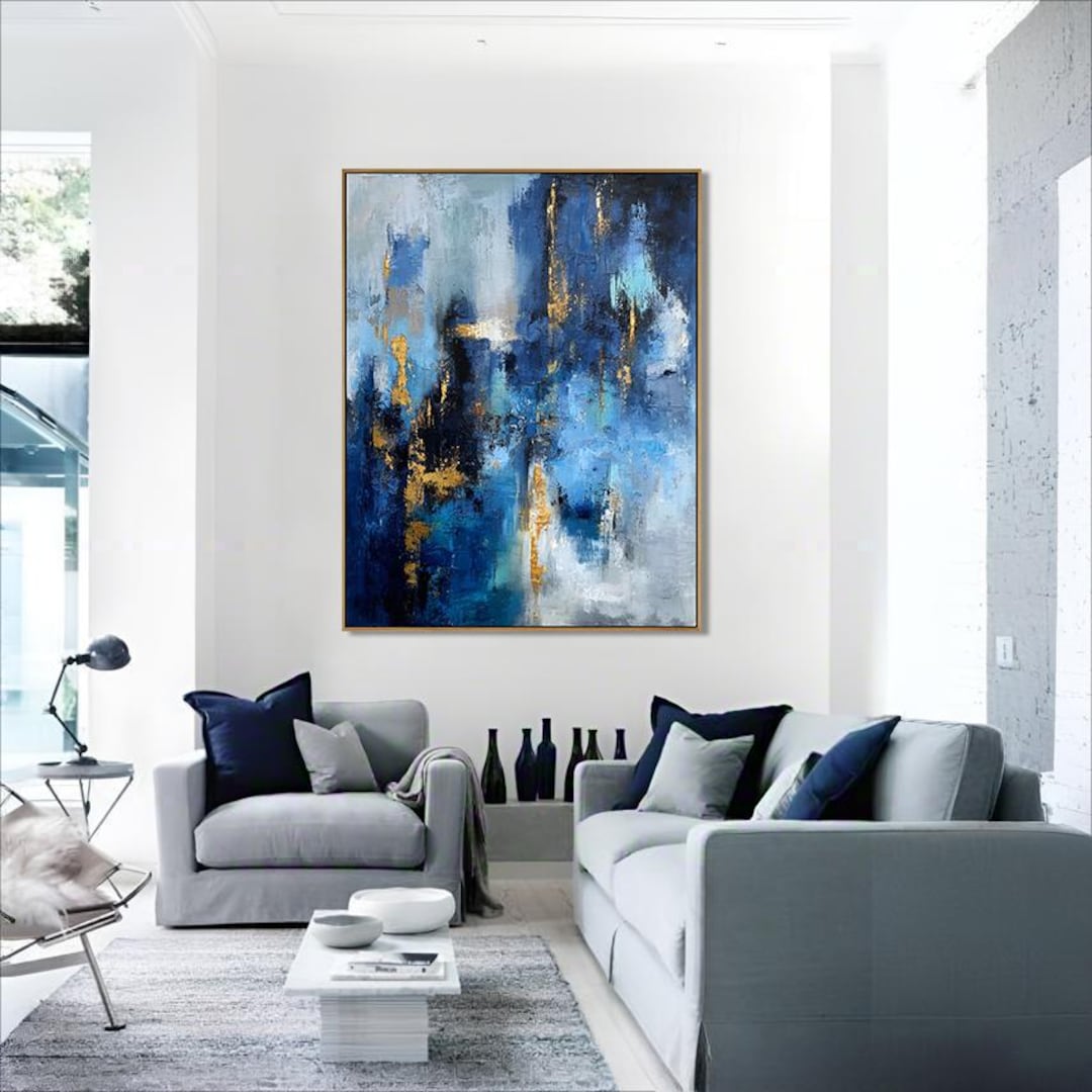 Large Blue & Gold Modern Abstract Oil Painting - Etsy