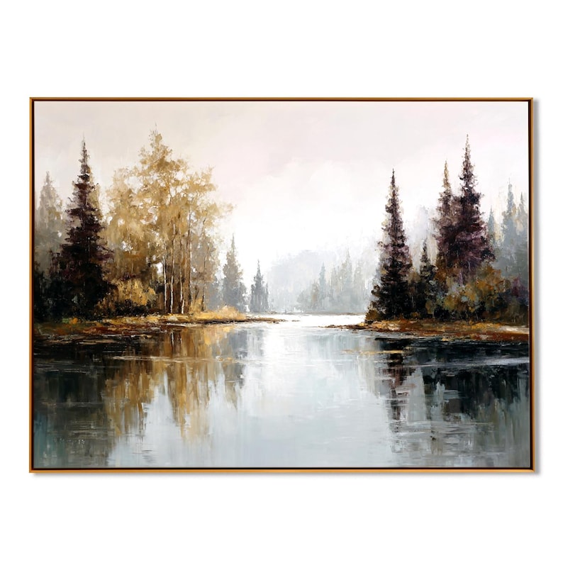 Vintage Large Misty Forest Lake Oil Painting - Rustic Woodland ...