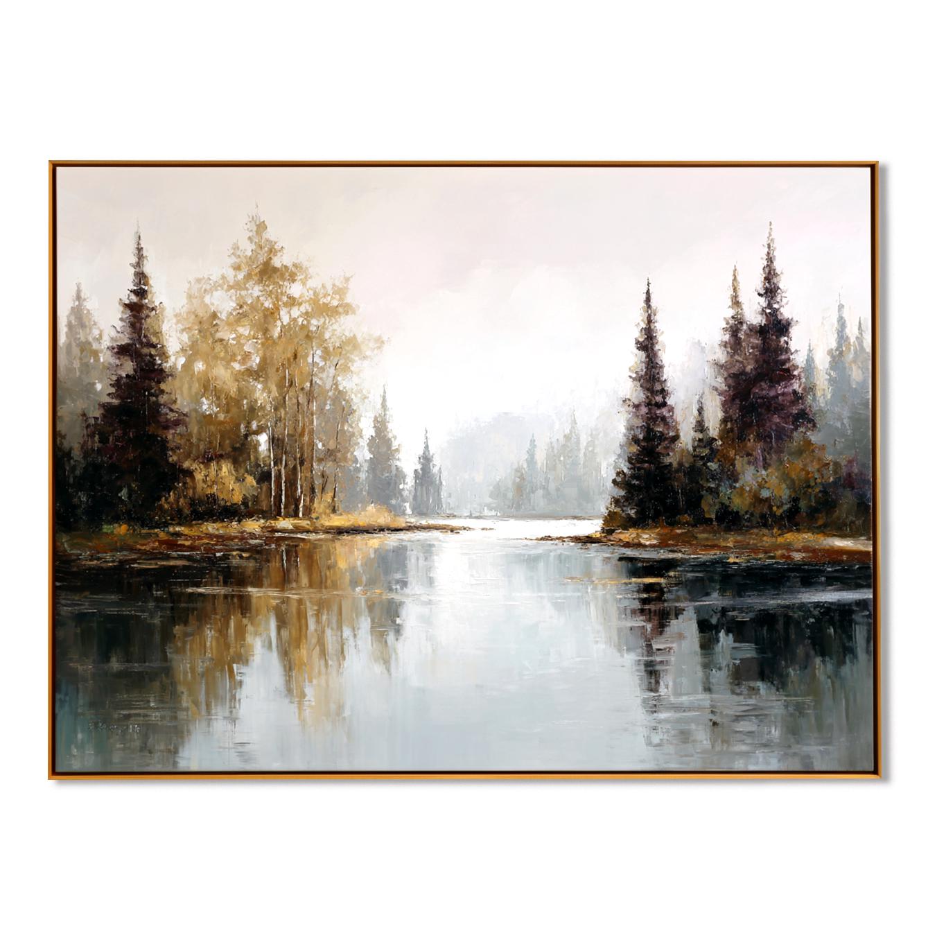 Vintage Large Misty Forest Lake Oil Painting - Rustic Woodland ...