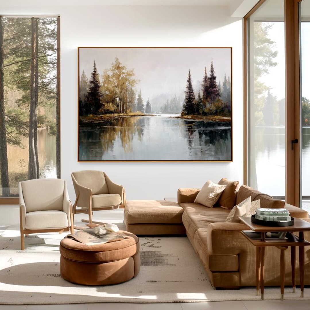 Vintage Large Misty Forest Lake Oil Painting - Rustic Woodland ...