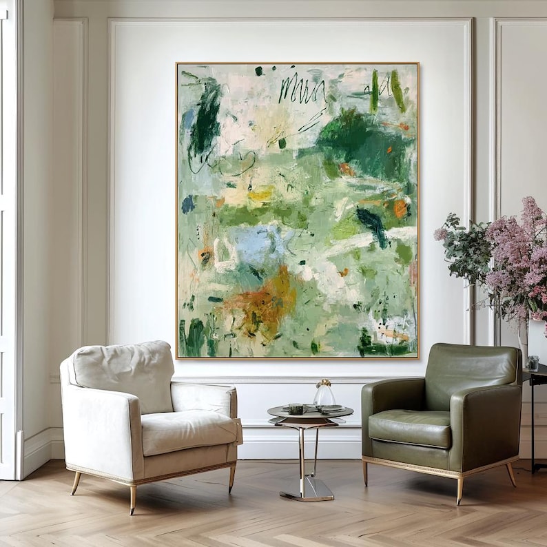 Modern Sage Green Abstract Oil Painting, Textured Neutral Living Room ...