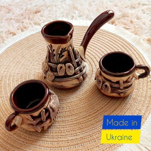 Coffee maker set, Ceramic COFFEE set, two coffee cups & coffee maker (cezve), UKRAINIAN style coffee set, HANDMADE ceramic coffee set