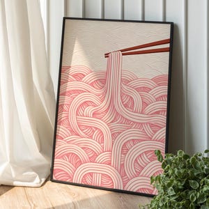 Ramen Noodle Art Print, Minimalist Japanese Food Poster Pink and Beige