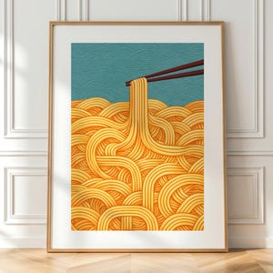 Ramen Noodle Art Print, Minimalist Japanese Food Poster, Blue and Yellow