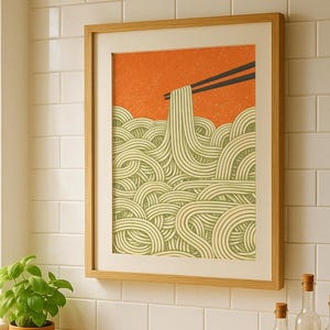 Ramen Noodle Art Print, Minimalist Japanese Food Poster, Green and Orange