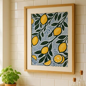 Lemon Art Print, Mediterranean Kitchen Décor, Bold Fruit Wall Art, Blue Pattern Poster