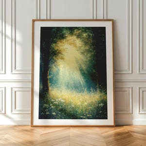 Arte mural con luz solar a través de los árboles / Impresión de pradera forestal / Paisaje natural apacible / Bosque sereno / Obra de arte con rayos de sol tranquilos