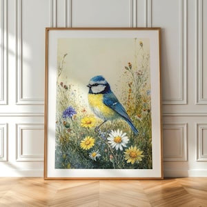 Stampa artistica da parete con cinciarella in un prato fiorito / Dipinto di ispirazione botanica / Decorazione con fauna selvatica di ispirazione vintage