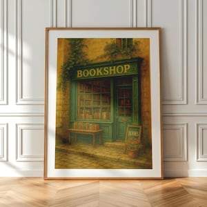 Vintage Bookstore Art Print | Cosy Bookshop Wall Décor | Green Brick Book Lover Illustration | Bookish Reading Nook Poster