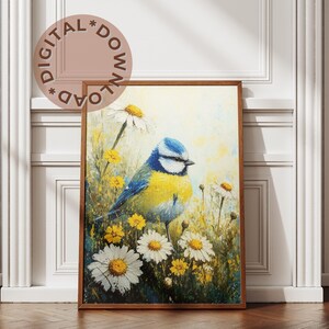 Digital Download | Blue-Tit in a Floral Meadow Wall Art Print | Botanical-Inspired Painting | Vintage-Inspired Wildlife Décor
