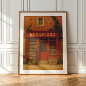 Vintage Bookstore Art Print | Cosy Bookshop Wall Décor | Red Brick Book Lover Illustration | Bookish Reading Nook Poster