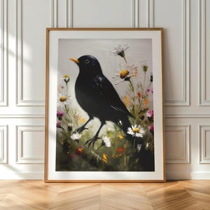 Stampa artistica da parete "Merlo in un prato fiorito" / Dipinto di ispirazione botanica / Decorazione della fauna selvatica di ispirazione vintage