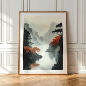 Misty Mountain Print | Zen Nature Décor | Traditional Chinese Ink Painting | Serene River and Red Blossom Scene | Tranquil Wall Art
