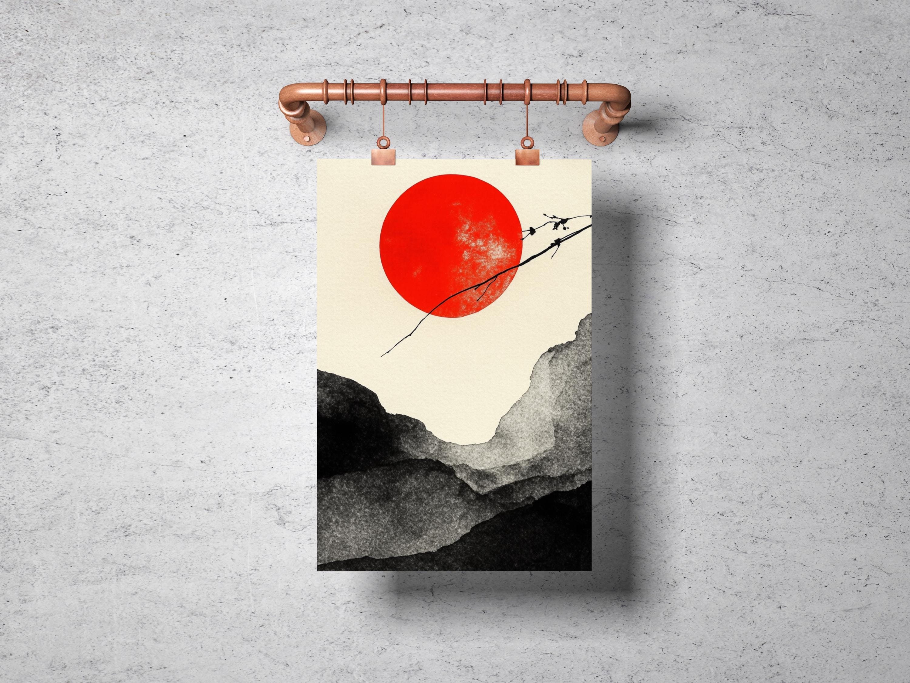Minimalist Japanese-inspired Traditional Ink Painting | Red Sun