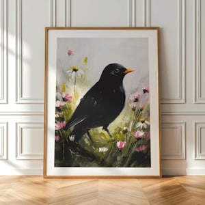 Stampa artistica da parete "Merlo in un prato fiorito" / Dipinto di ispirazione botanica / Decorazione della fauna selvatica di ispirazione vintage