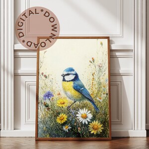 Digital Download | Blue-Tit in a Floral Meadow Wall Art Print | Botanical-Inspired Painting | Vintage-Inspired Wildlife Décor