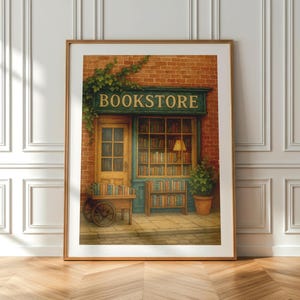 Vintage Bookstore Art Print | Cosy Bookshop Wall Décor | Blue Brick Book Lover Illustration | Bookish Reading Nook Poster