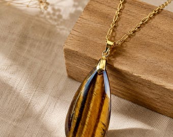 Traanketting met natuurlijke tijgerooghanger -18 kt PVD-verguld - waterdicht hypoallergeen cadeau!