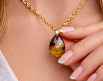 Edelsteenketting tijgeroog, natuursteen, 18 kt PVD-goud, waterdicht, hypoallergeen cadeau.
