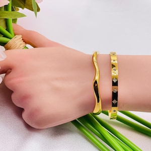 18K PVD Gold Plated Cuff Bangle Bracelet Waterproof Hypoallergenic Zircon Star Jewelry