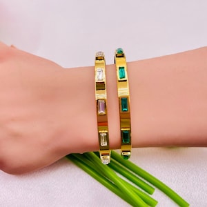 18K PVD Gold Baguette Zircon Bangle Bracelet Waterproof Hypoallergenic Crystal Jewelry