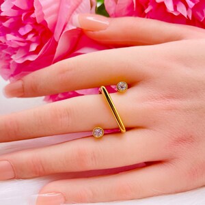 Asymmetrical Zircon Ring: 18K Gold Plated Stainless Steel Open Statement