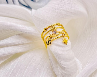 Gold Stacking Ring Adjustable Zircon Coin Star 18K Plated Waterproof Hypoallergenic