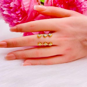 18K Gold Plated Square Stone Ring: Waterproof Adjustable Stainless Steel