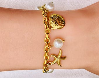 18K Gold Plated Seashell Starfish Pearl Charm Bracelet Waterproof Hypoallergenic Beach Jewelry