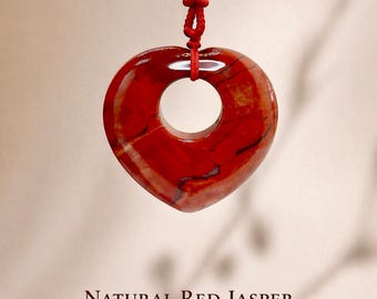 Natural Red Jasper Stone Crystal Necklace, Heart Pendant, Handmade Jewelry