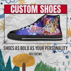 Alicja w Krainie Czarów Custom High Top Shoes – Kolorowe płócienne trampki dla dzieci, kobiet i mężczyzn – Fantastyczny prezent dla fanów kreskówek