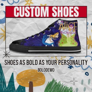 Alicja w Krainie Czarów Custom High Top Shoes – Kolorowe płócienne trampki dla dzieci, kobiet i mężczyzn – Fantastyczny prezent dla fanów kreskówek
