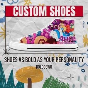 Alicja w Krainie Czarów Custom High Top Shoes – Kolorowe płócienne trampki dla dzieci, kobiet i mężczyzn – Fantastyczny prezent dla fanów kreskówek