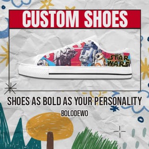 R2D2 aangepaste lage schoenen – kleurrijke canvas sneakers voor kinderen, dames en heren – fantasie cartoon fanart cadeau