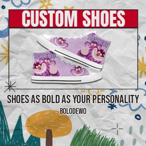 Alicja w Krainie Czarów Cheshirecat Custom High Top Shoes – Kolorowe płócienne trampki dla dzieci, kobiet i mężczyzn – Fantastyczny prezent dla fanów kreskówek