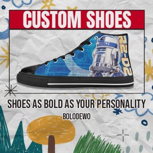 R2D2 aangepaste hoge schoenen – kleurrijke canvas sneakers voor kinderen, dames en heren – fantasie cartoon fanart cadeau
