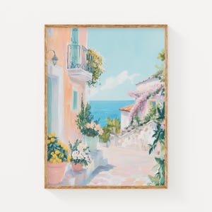 Stampa artistica di un villaggio siciliano, decorazione murale con motivi costieri italiani pastello, poster con vista sull'oceano, scenario di viaggio nel Mediterraneo, regalo per la casa su un'isola italiana