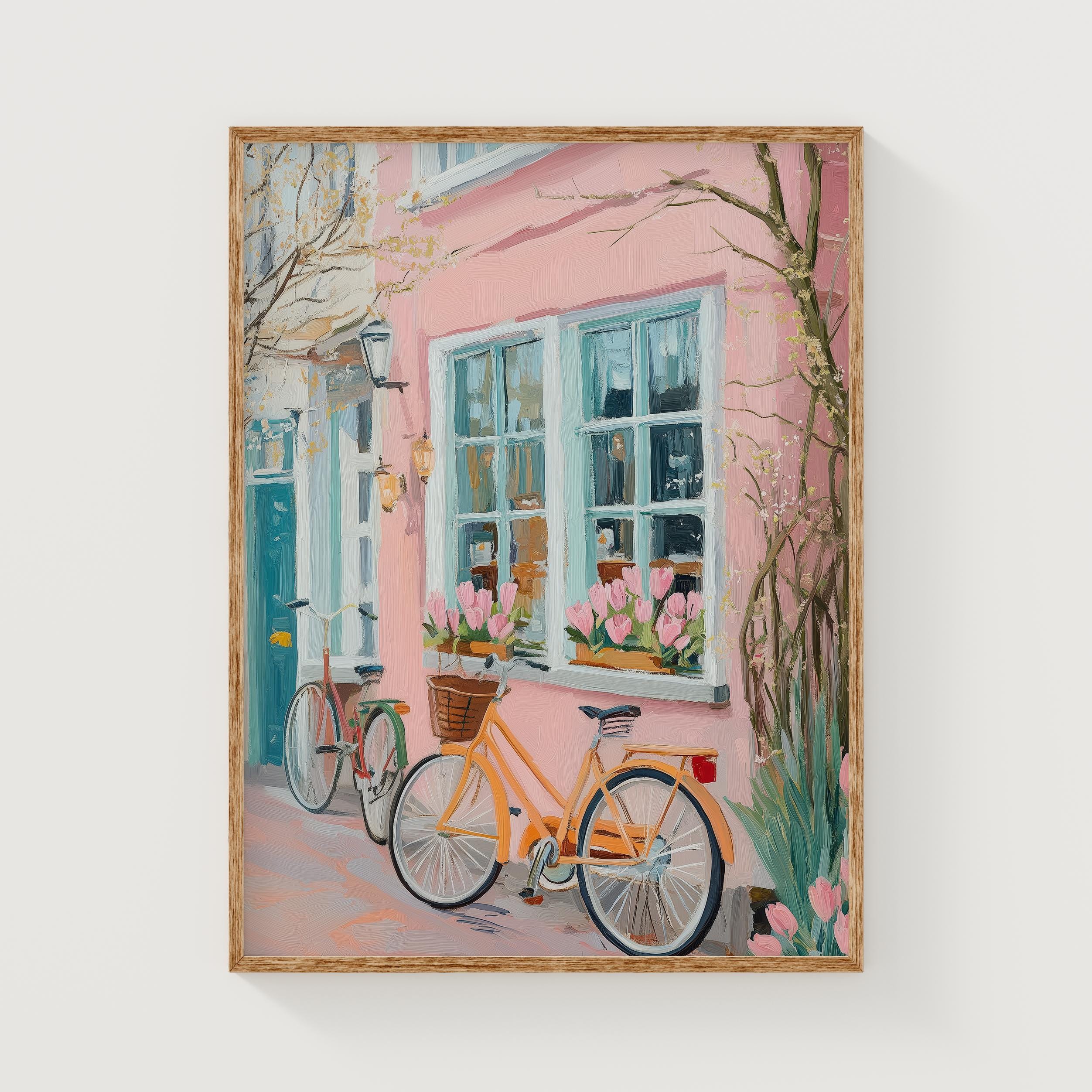 Amsterdam Bikes Art Print, Pastel Dutch Street Wall Decor, Whimsical Tulip Bicycle Poster, Travel Lover Gift, European City Scene