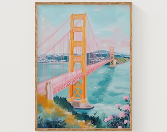Golden Gate Bridge Art Print, Pastel San Francisco Wall Decor, Whimsical Cityscape Poster, Coastal Nursery & Travel Lover Gift