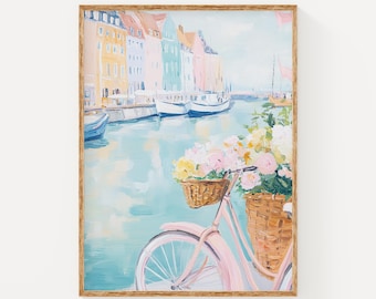 Copenhagen Nyhavn Art Print, Pastel Denmark Wall Decor, Bicycle with Flowers Poster, Travel Lover Gift, Scandinavian Cityscape