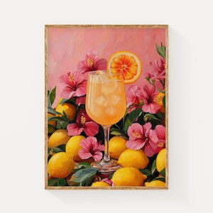 Summer Cocktail Art Print, Citrus Drink Wall Decor, Colorful Fruit & Floral Poster, Tropical Kitchen or Bar Wall Art, Summer Vibes