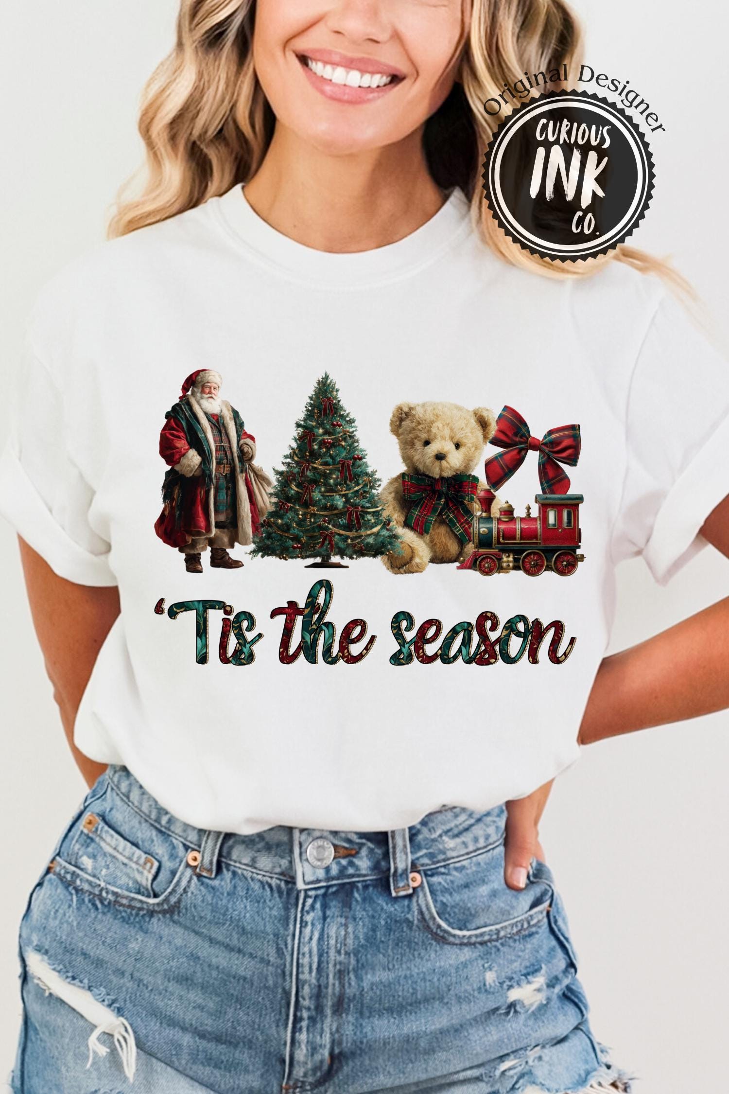 Heritage Christmas PNG | Vintage Santa Teddy Bear Tree Sublimation Design | Classic Plaid Holiday Art | Cozy Traditional Xmas POD File