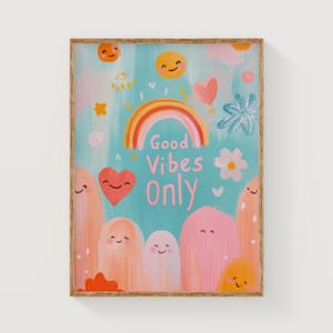 Lámina artística "Good Vibes Only", decoración de pared con tipografía pastel, póster inspirador y arte infantil con un toque de fantasía.