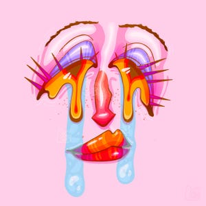 Digital Print, Weird Portrait Art, Psychedelic Strange Pink Face